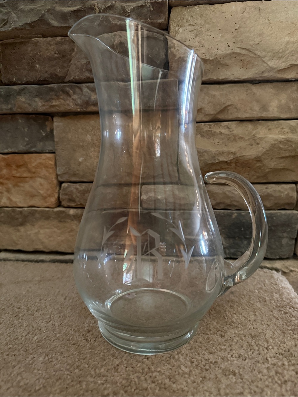 Monogram “R” Etched Clear Glass Pitcher with Handle